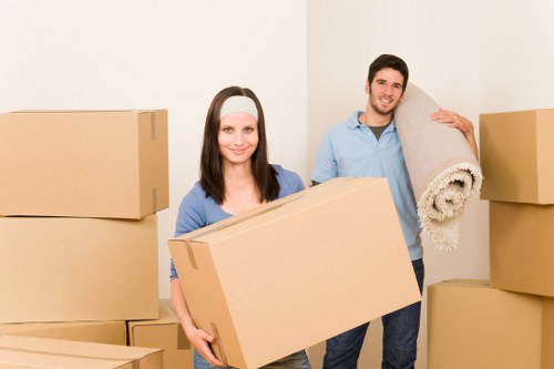 Packed office equipment ready for Whitechapel office relocation